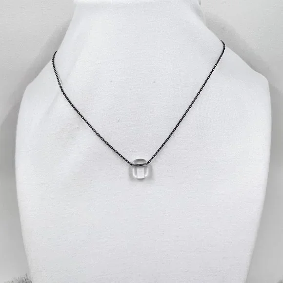 NWT - Nine West - Clear Glass Square Pendant 16” Black 925 Chain w/ Hook Closure - Picture 2 of 7